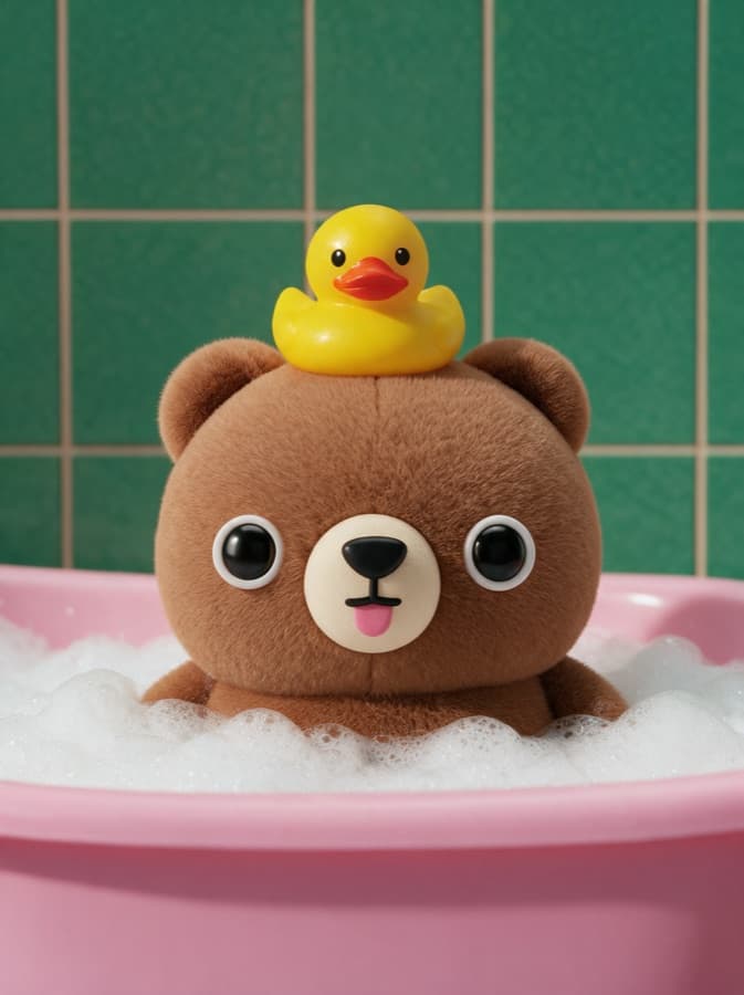 Poco Bear in a bubble bath with a rubber duck on his head