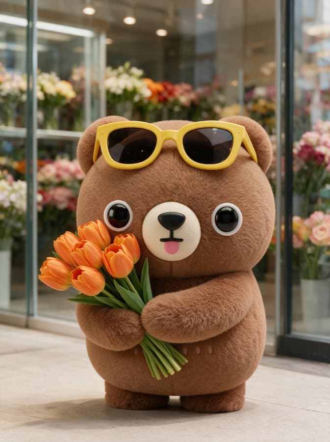 Poco Bear in sunglasses holding a bouquet of tulips