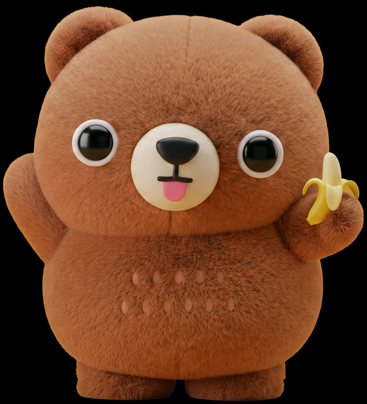 Poco Bear, a small brown plush bear holding a banana