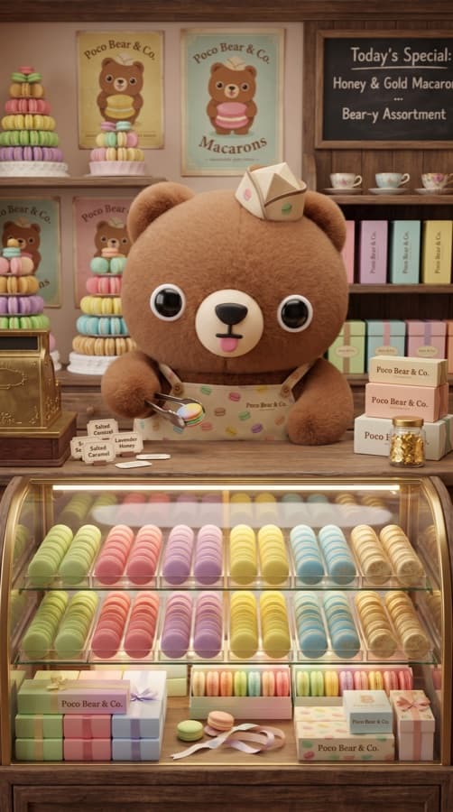 Poco Bear working behind the counter of a macaron shop