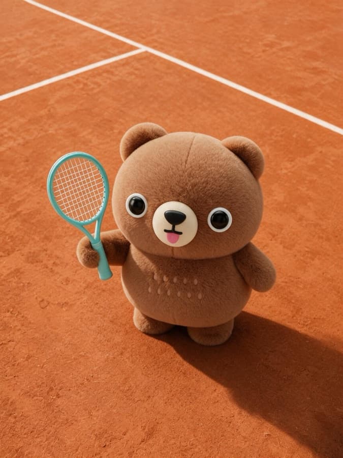 Poco Bear on a tennis court holding a racquet